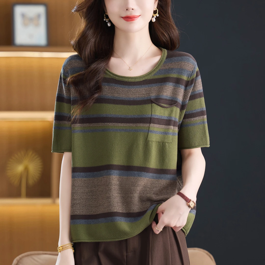 女士低领上衣2025年秋季新款针织打底衫宽松遮肉洋气妈妈条纹毛衣