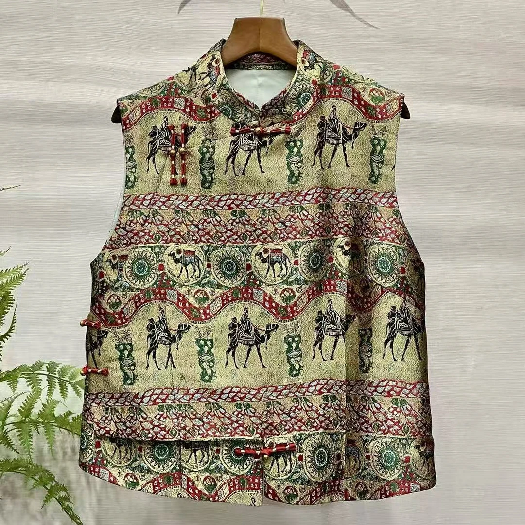 知羽香云【丝绸之路】新中式高定金皮唐锦立领桑蚕丝国风马甲ZY9796