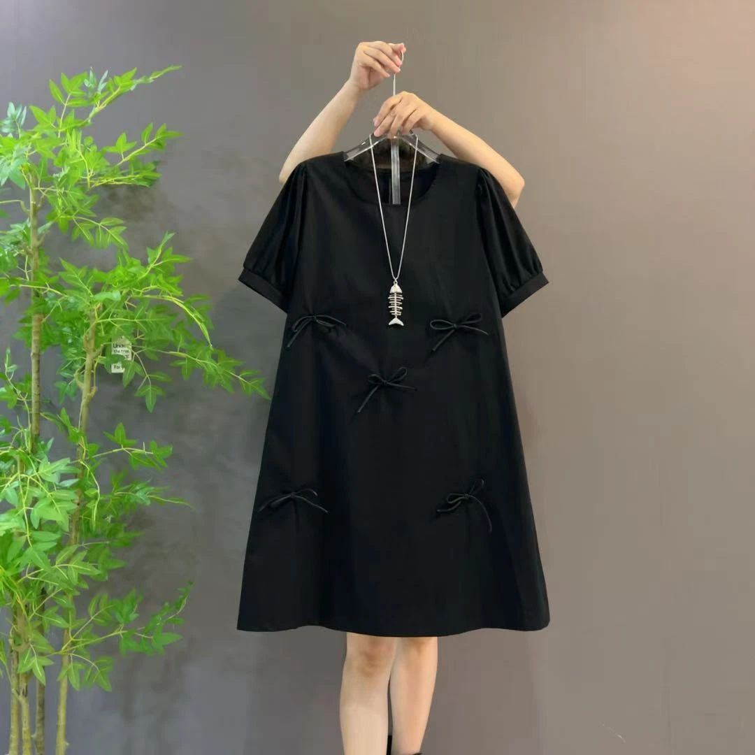 9126新款气质时尚圆领蝴蝶结精致洋气设计感显瘦黑色大码连衣裙