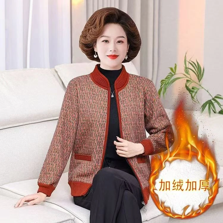【丽姐家】秋冬新款妈妈装中老年夹克洋气中老年加厚拉链毛衣外套