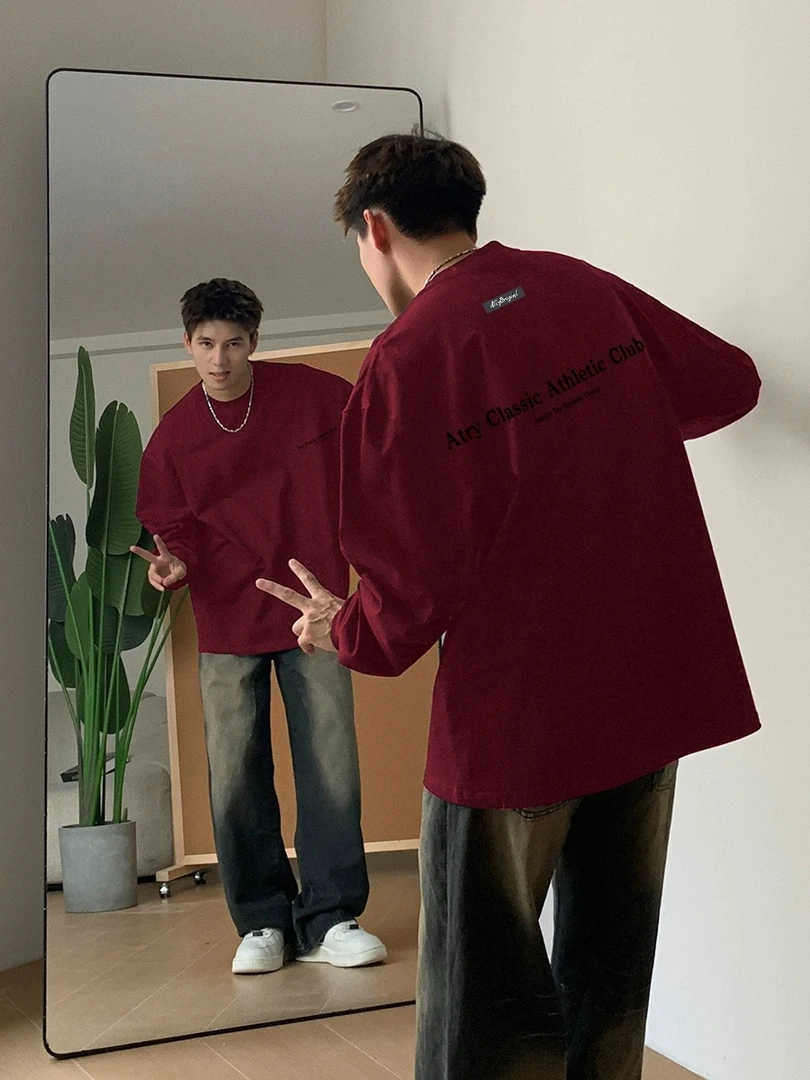 秋冬长袖纯棉重磅高街潮牌T恤百搭休闲宽松男生圆领i美式打底衫