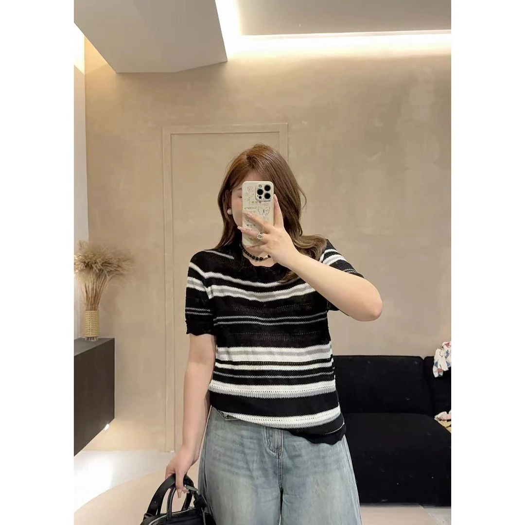 晶咕【条纹控】设计感领口条纹针织T恤显瘦时尚百搭夏季宽松