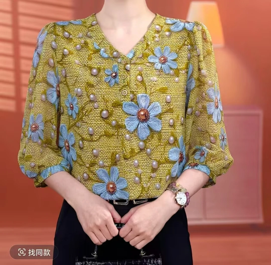 【洒银】夏款透气薄款七分袖冰丝衬衫胖mm宽松大码显瘦洋气减龄小衫