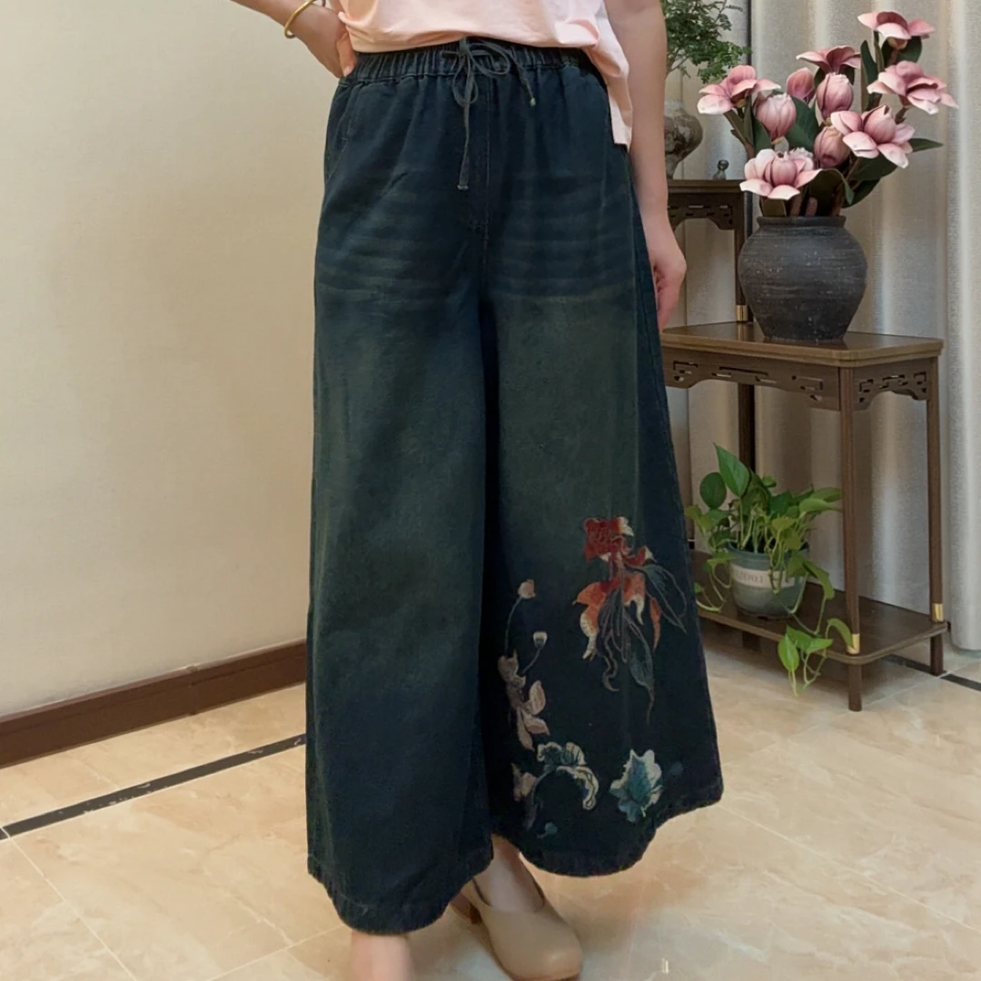 刺绣宽松牛仔阔腿裤