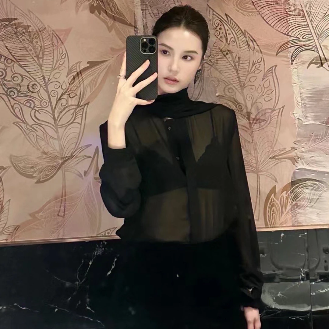 WBHFOR法式纯欲风长袖黑衬衫