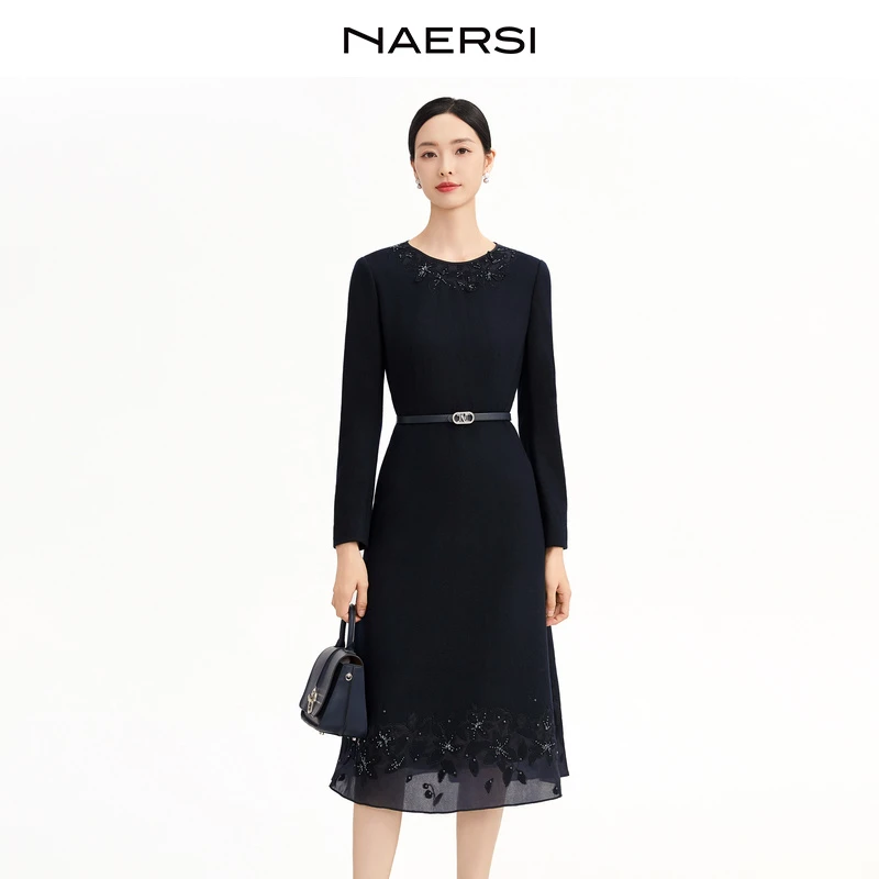 娜尔思刺绣钉珠蕾丝优雅100绵羊毛休闲连衣裙NF10616Q8