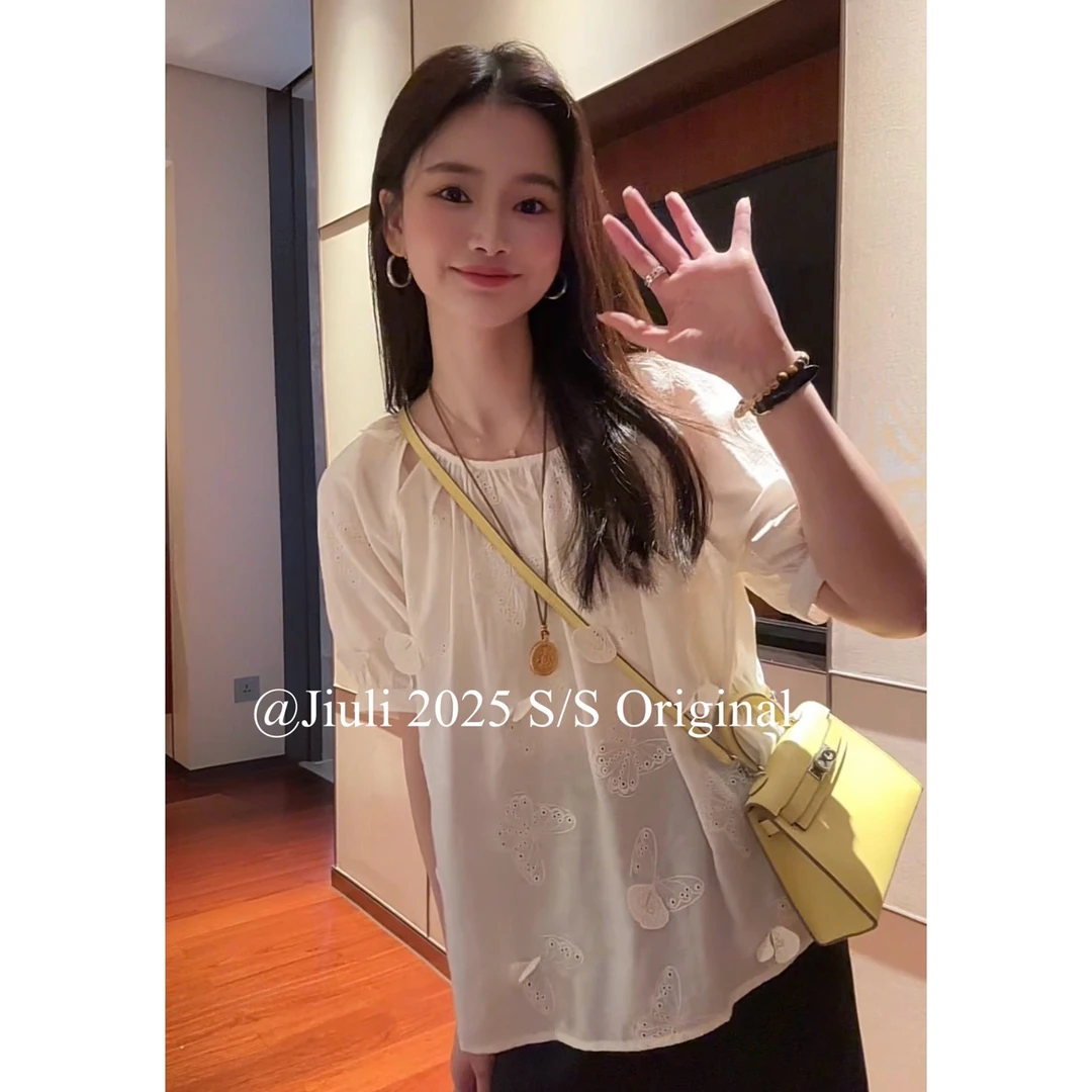 九莉【蝶舞翩翩】法式立体蝴蝶刺绣气质短袖衬衣