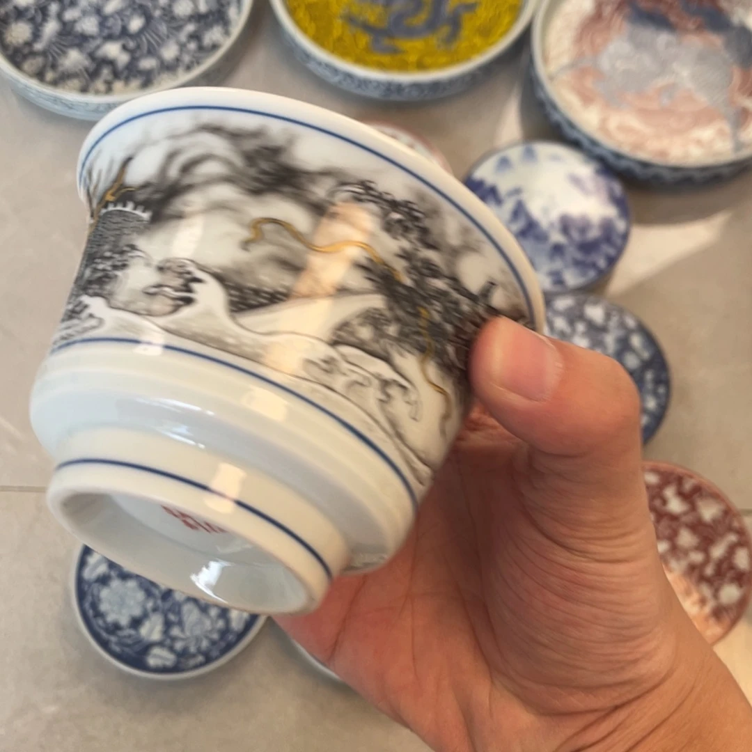 瓷片景德镇墨龙游海马蹄盖碗