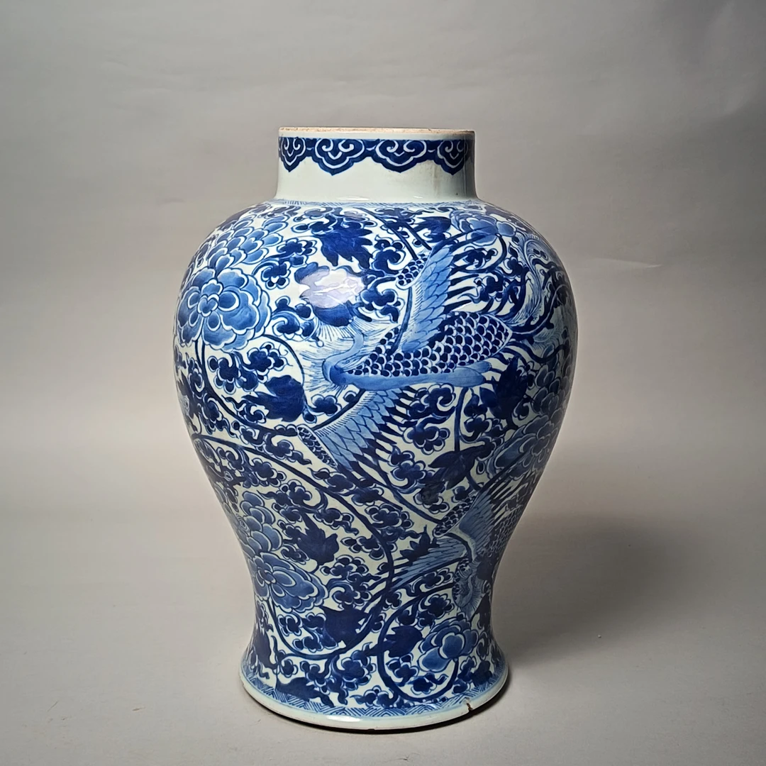 【010022793】清雍正 青花凤穿牡丹将军罐