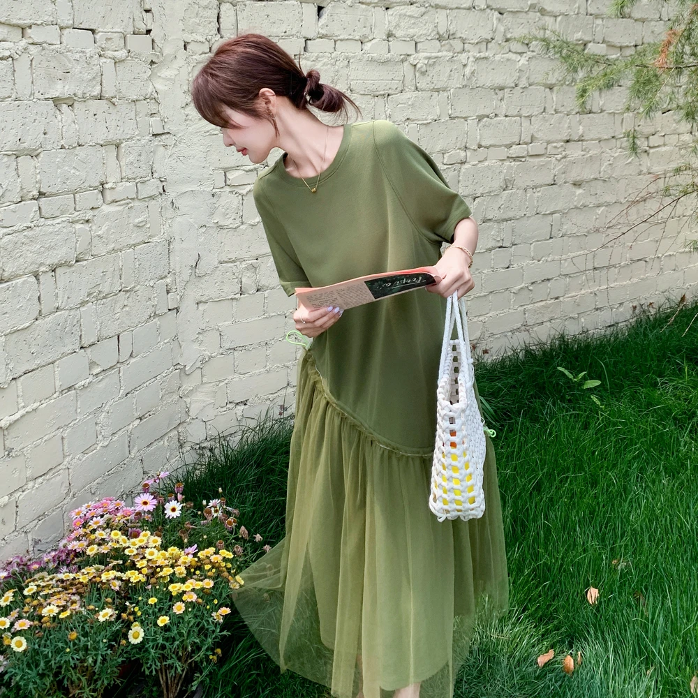 现货下摆网纱拼接腰节抽绳调节连衣裙2C167-826-P135-K188