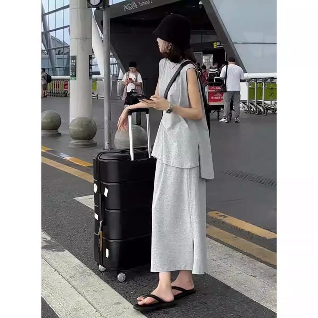 夏季套装女装2025新款韩版纯色不规则无袖T恤高腰显瘦开叉半身裙