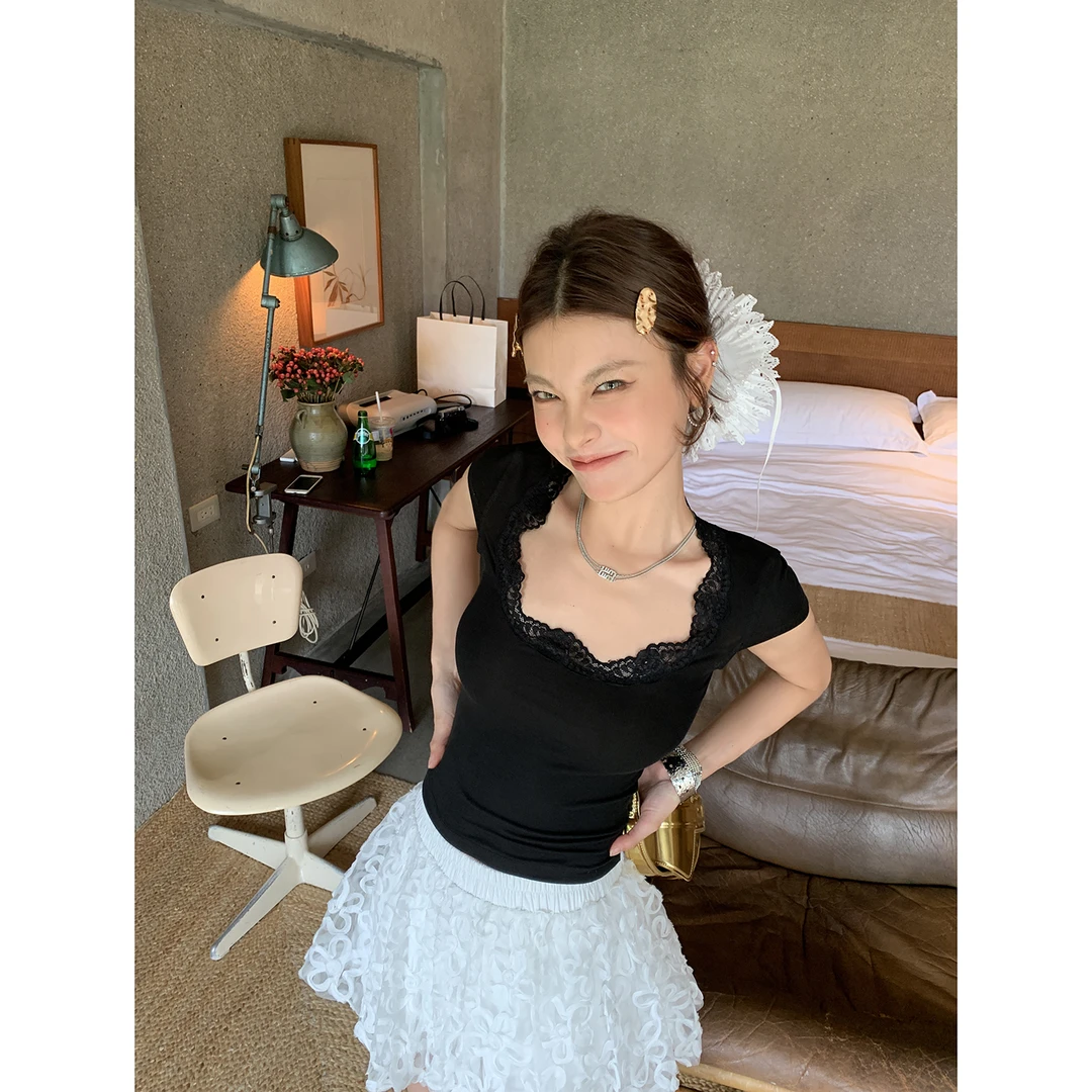 【sexy girl】黑色蕾丝边花瓣领短袖T恤女4315