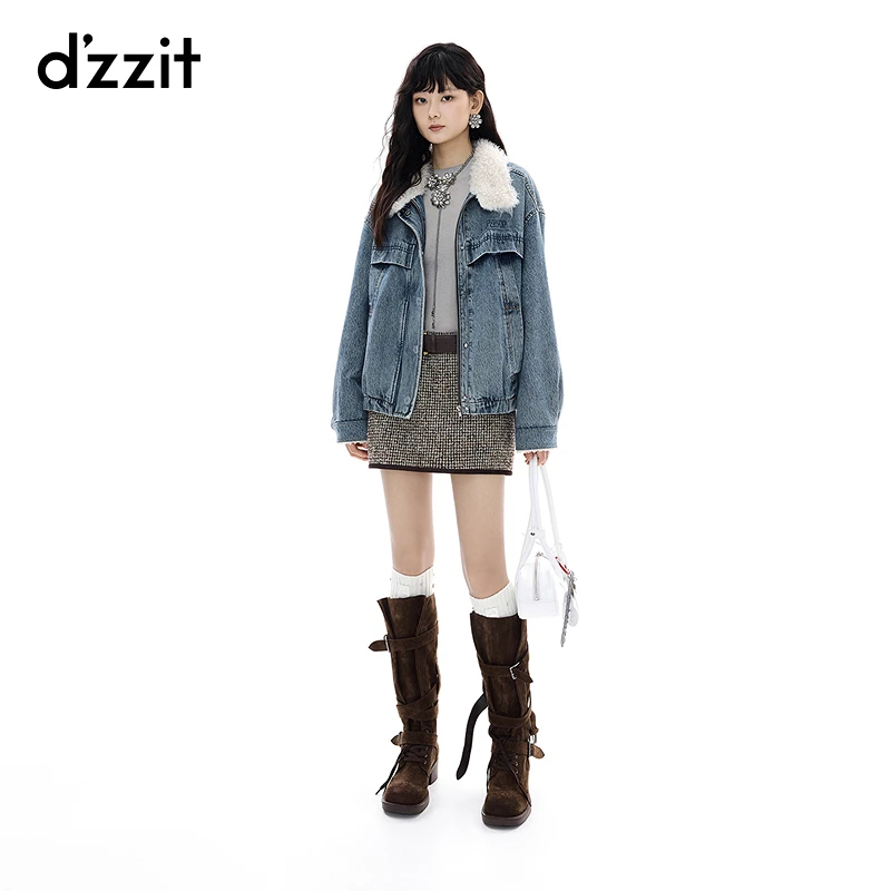 【商场同款新品】dzzit地素棉服25冬拼假毛领牛仔外套女3J4RB071S