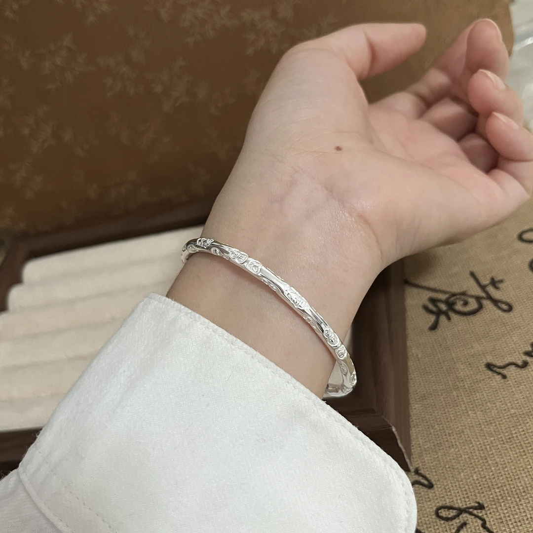 足银手镯 银9999吉言银手镯女实心闭口款圆镯经典高级感银首饰