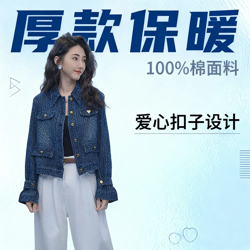 【小乖逃】女款！蓝色外套牛仔外套短爱心扣子休闲气质翻领926