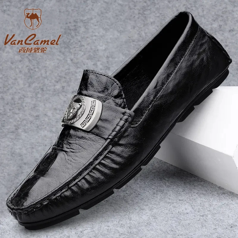 西域骆驼男士豆豆鞋时尚潮流一脚蹬驾车鞋新款真皮软底休闲皮鞋