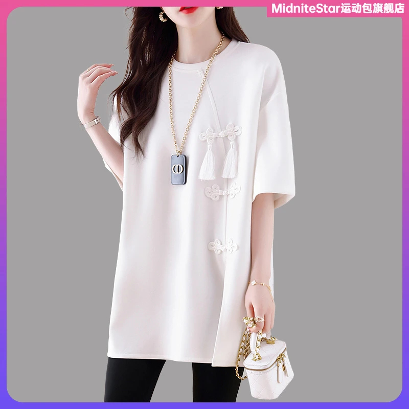 1新中式国风白色t恤女夏季2025复古盘扣中长款遮屁股体恤上衣l