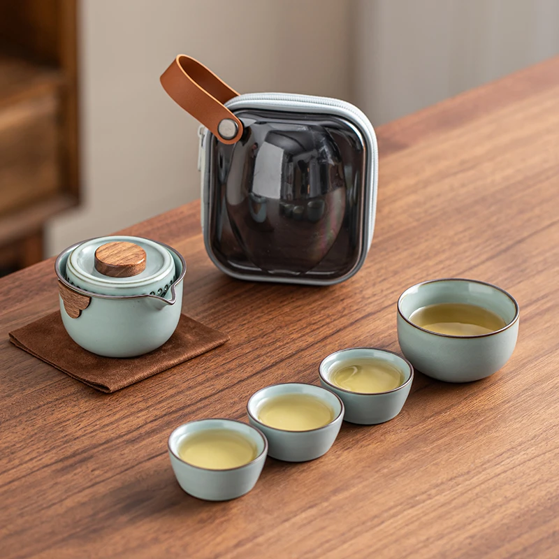 汝窑一壶四杯户外旅行茶具套装便携式茶壶茶杯公道杯一人饮快客杯