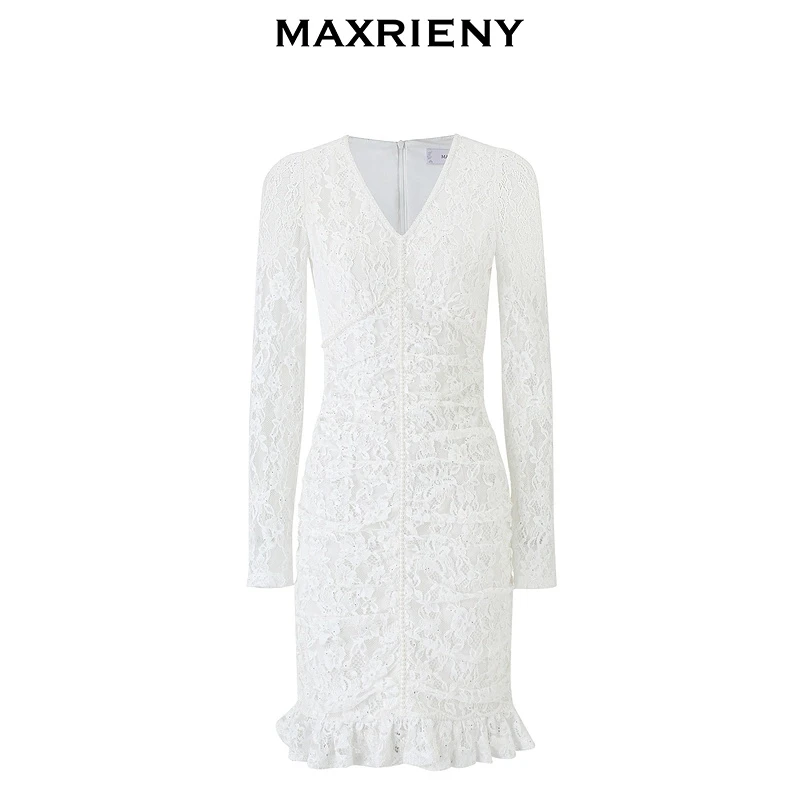 MAXRIENY精致复古感抽褶亮片气质蕾丝长款白色连衣裙修身v领裙子