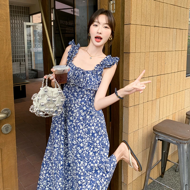 夏季法式植物花卉碎花吊带连衣裙时尚初恋方领小众女装气质