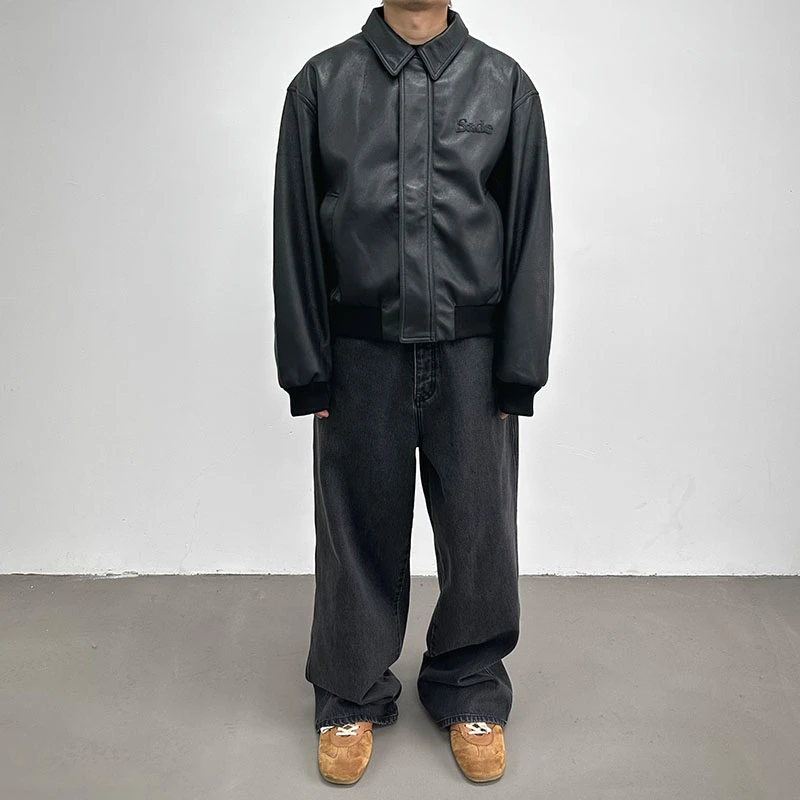 Defilemag 2025SS复古机车风短款刺绣纯色皮衣潮时尚翻领外套夹克