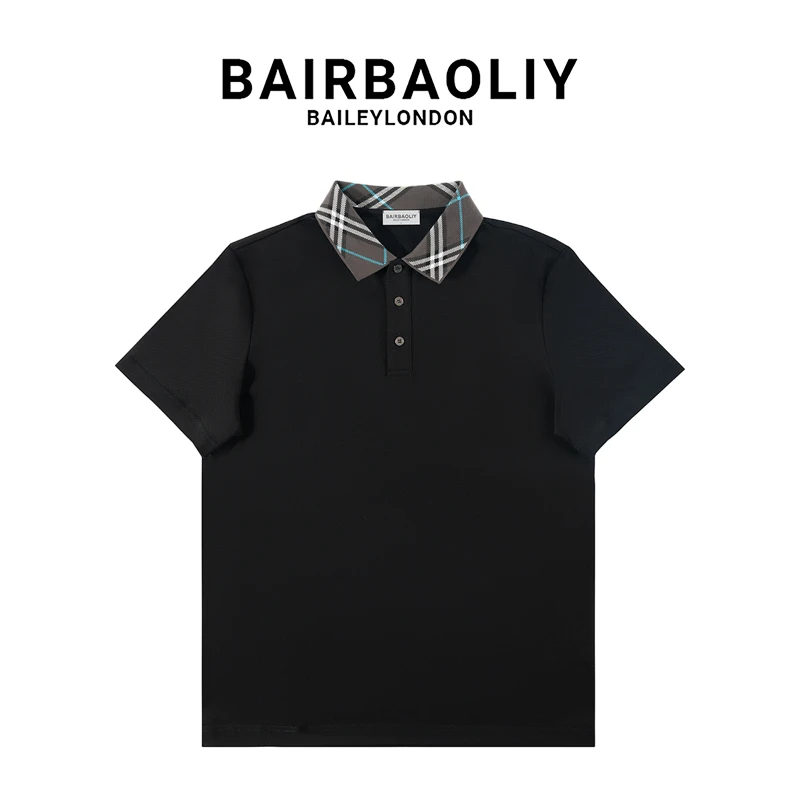 BAIRBAOLIY时尚轻奢新款男士修身透气格纹拼接翻领高端短袖POLO衫