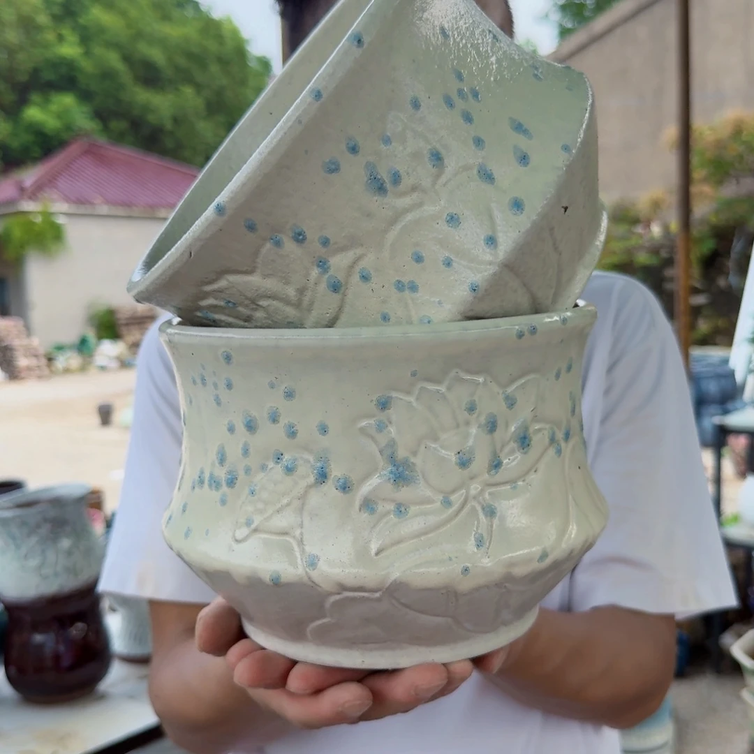 紫砂花盆口20高15（两个拼荷花白色