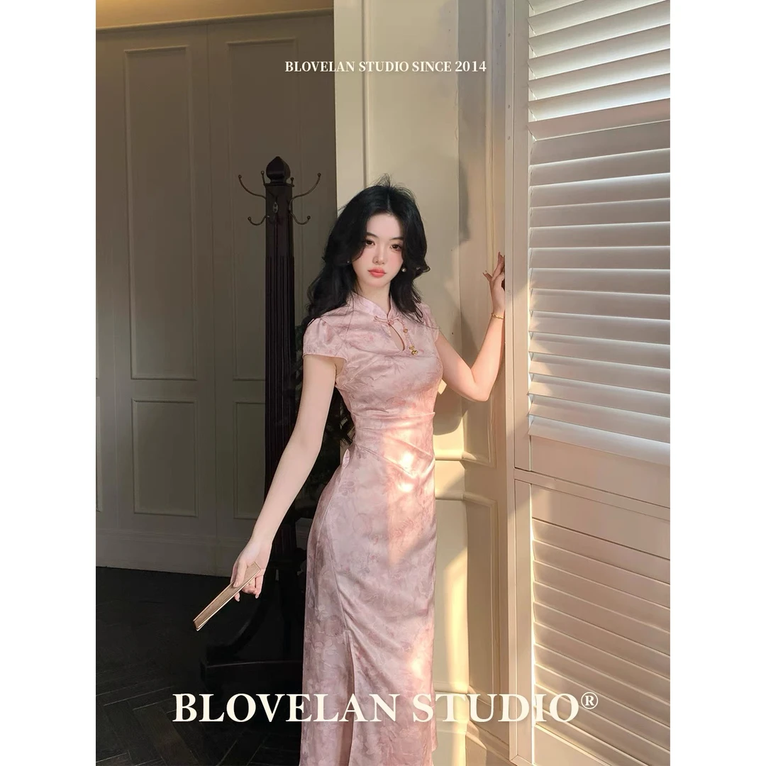 Blovelan粉笺竹梦 国风小立领提花锻面直角肩新中式改良短袖旗袍