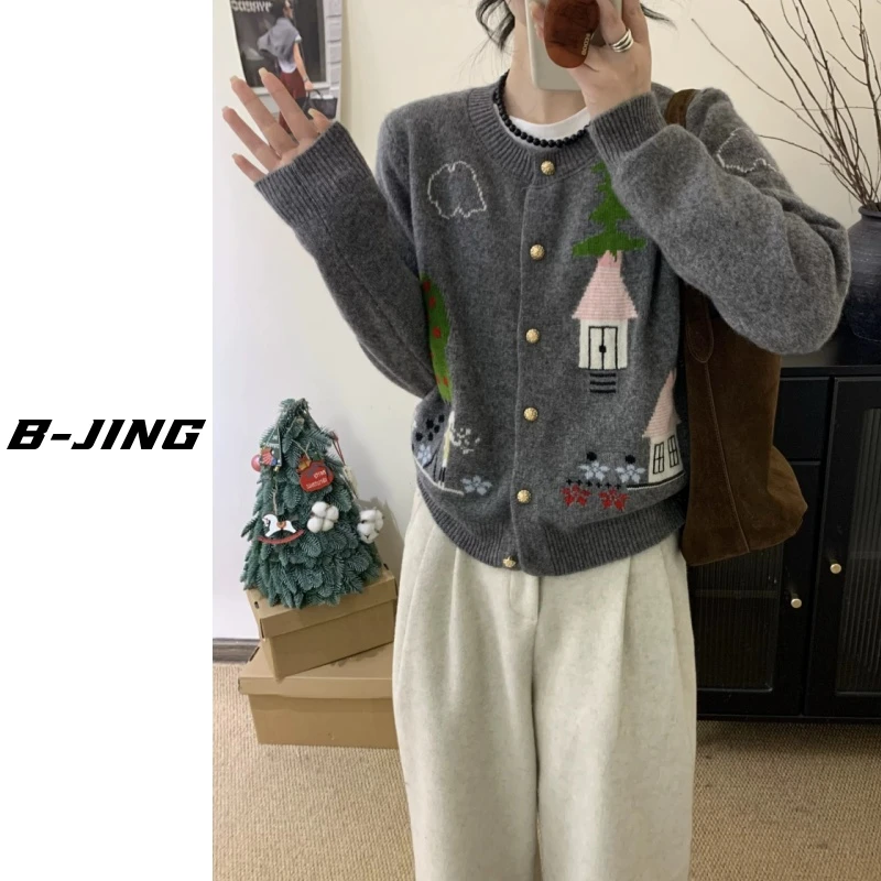 【莎莎家】10022小房子羊毛开衫气质时尚百搭复古宽松慵懒风