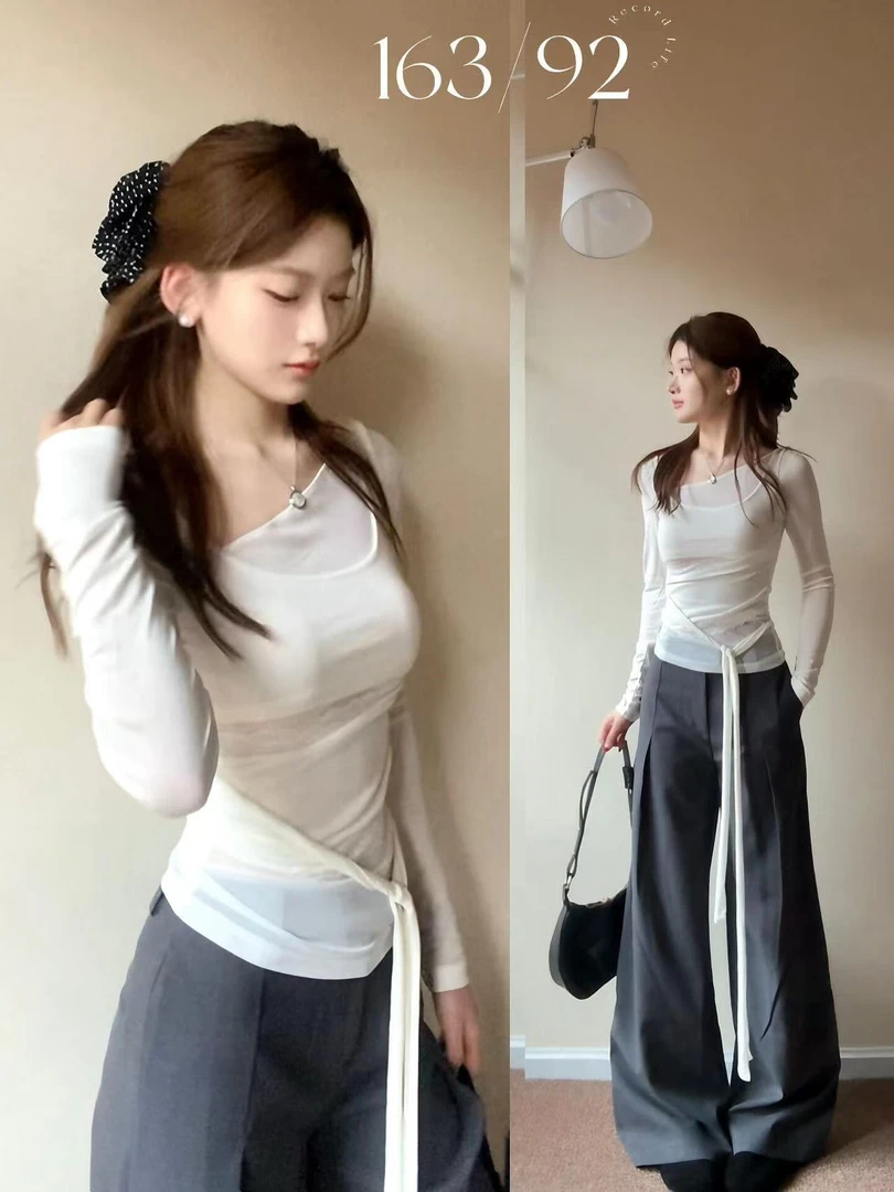 不规则绑带收腰长袖T恤罩衫上衣百搭直筒裤初秋韩系纯欲风两件套