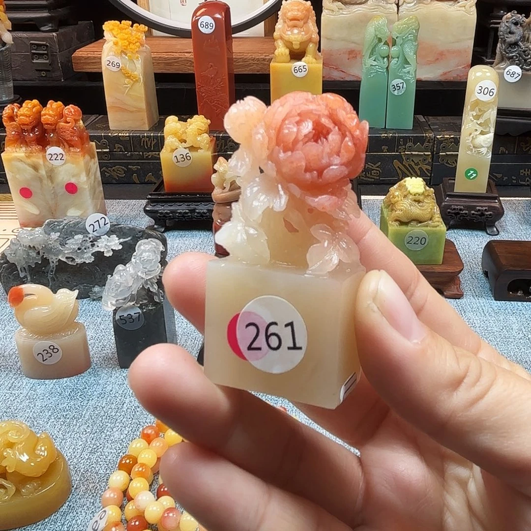 寿山石印石牡丹花扁8