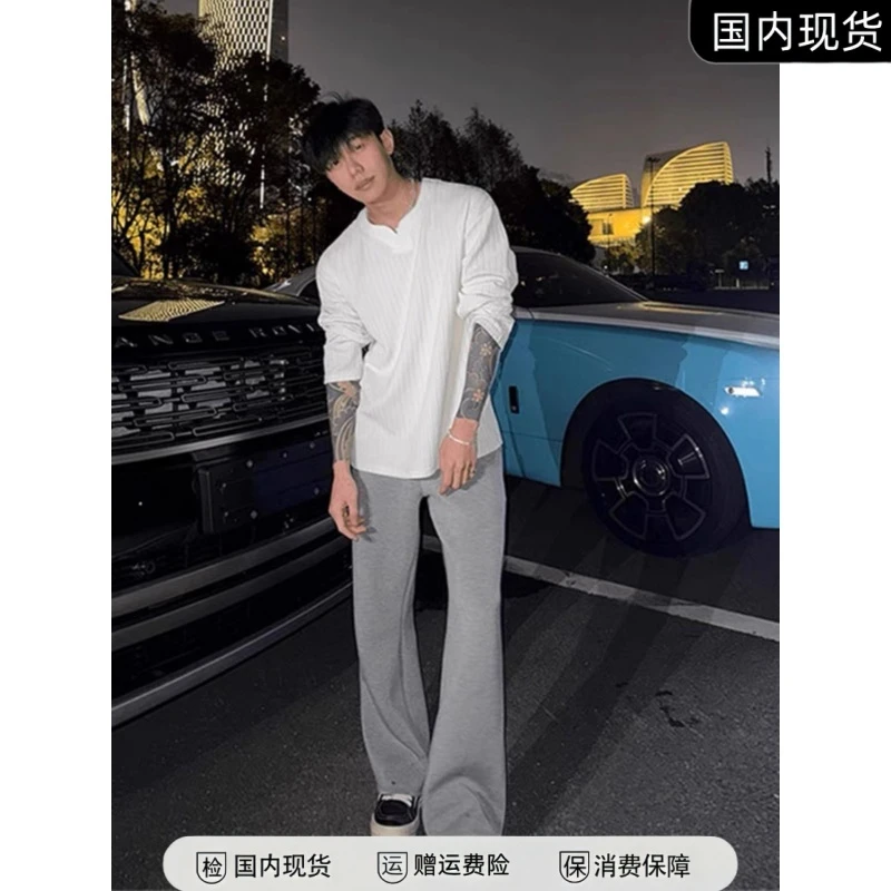 麻灰色微喇弯刀卫裤男款美式重磅休闲运动裤cleanfit加绒灰色裤子