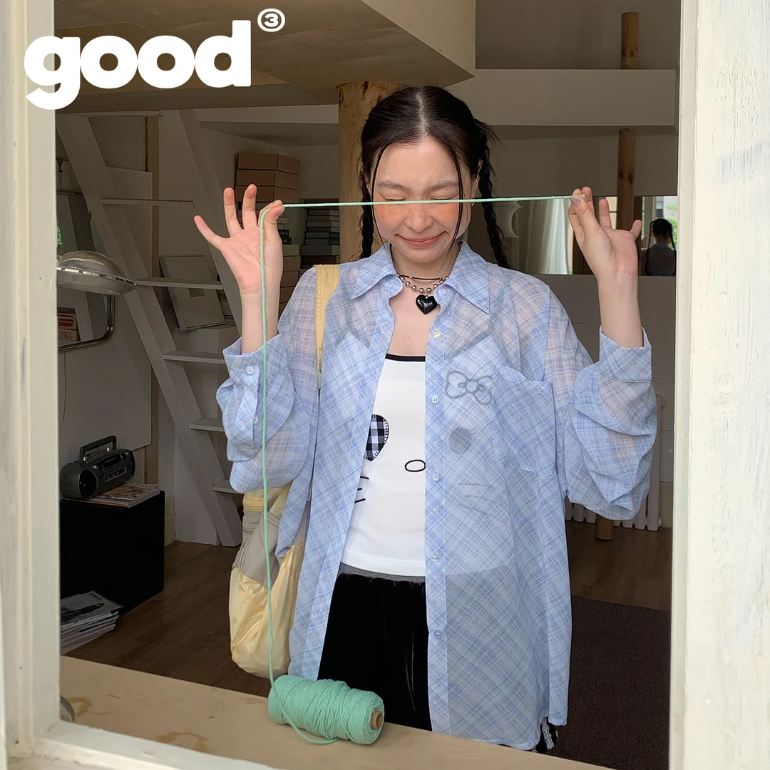 美好商店MeihaoStore夏日蓝色系微透轻薄格子防晒衬衫