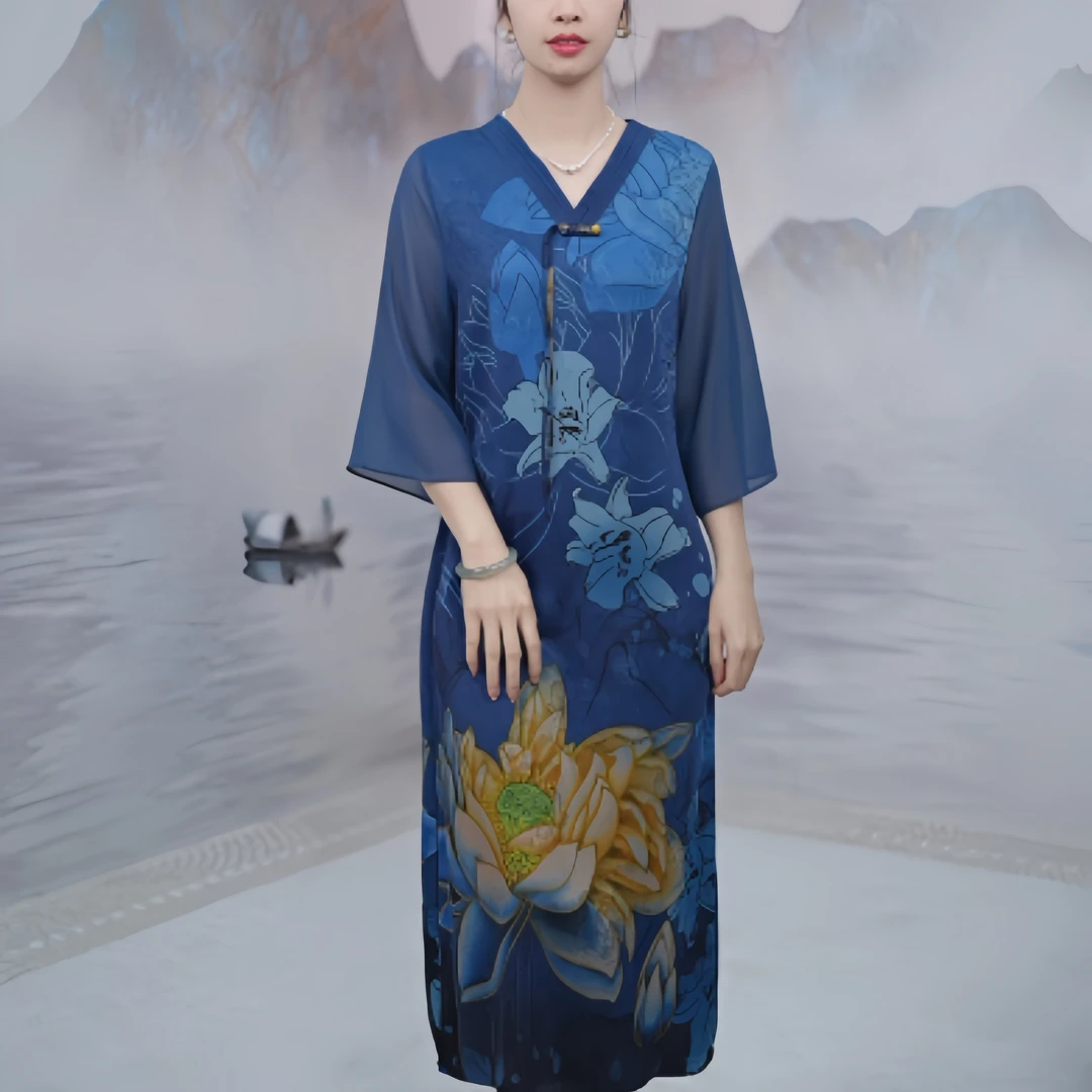 9868 【荷塘月色】定位花飘纱高端气质新中式连衣裙