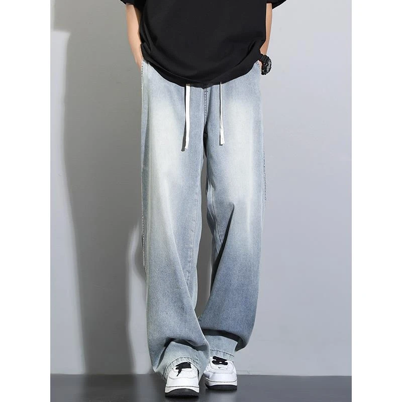 ZaSaFran~美式高街时尚抽绳时尚牛仔裤男薄款直筒宽松休闲长裤子