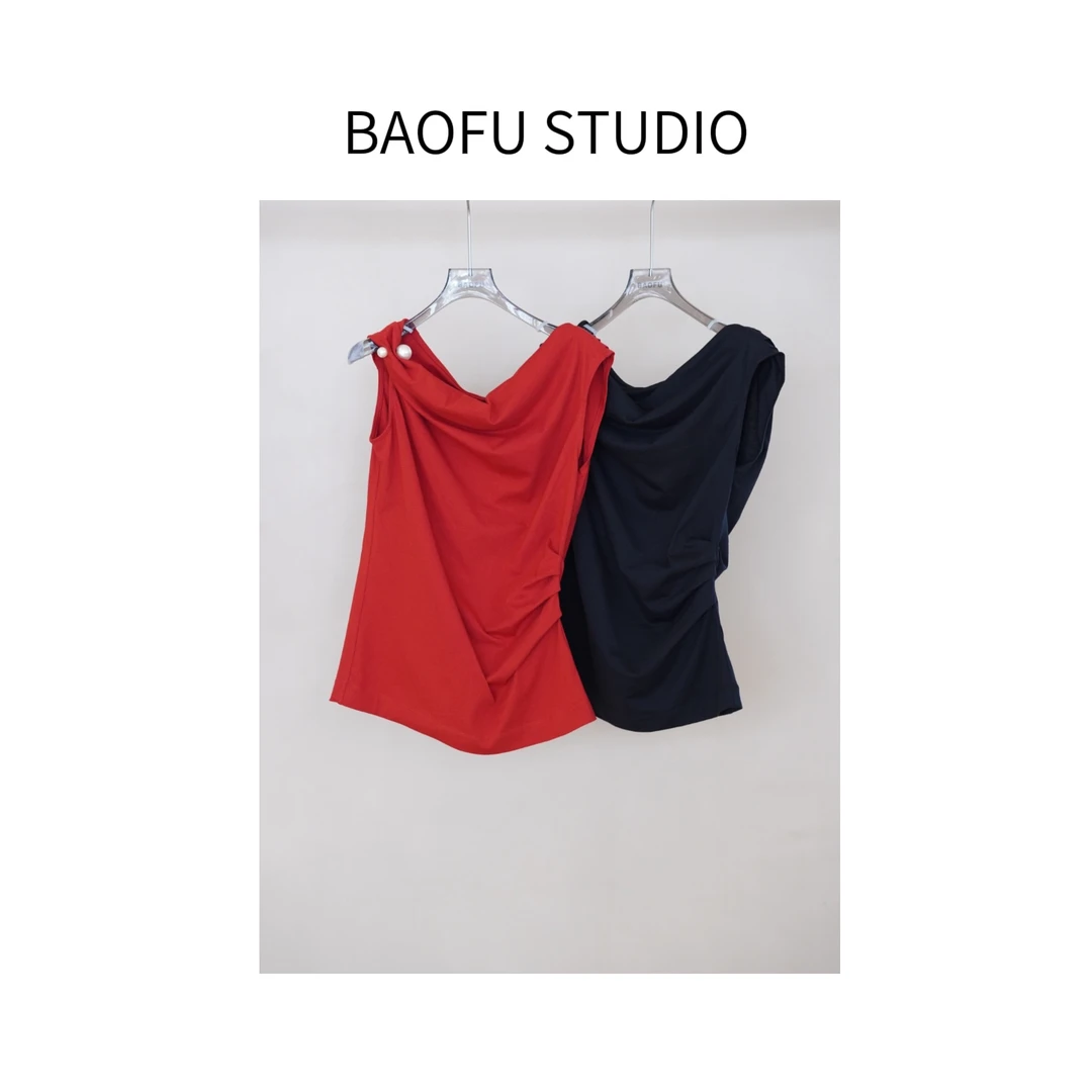 BAOFU studio | 优雅摩登精裁堆褶斜肩上衣夏季法式T恤百搭气质