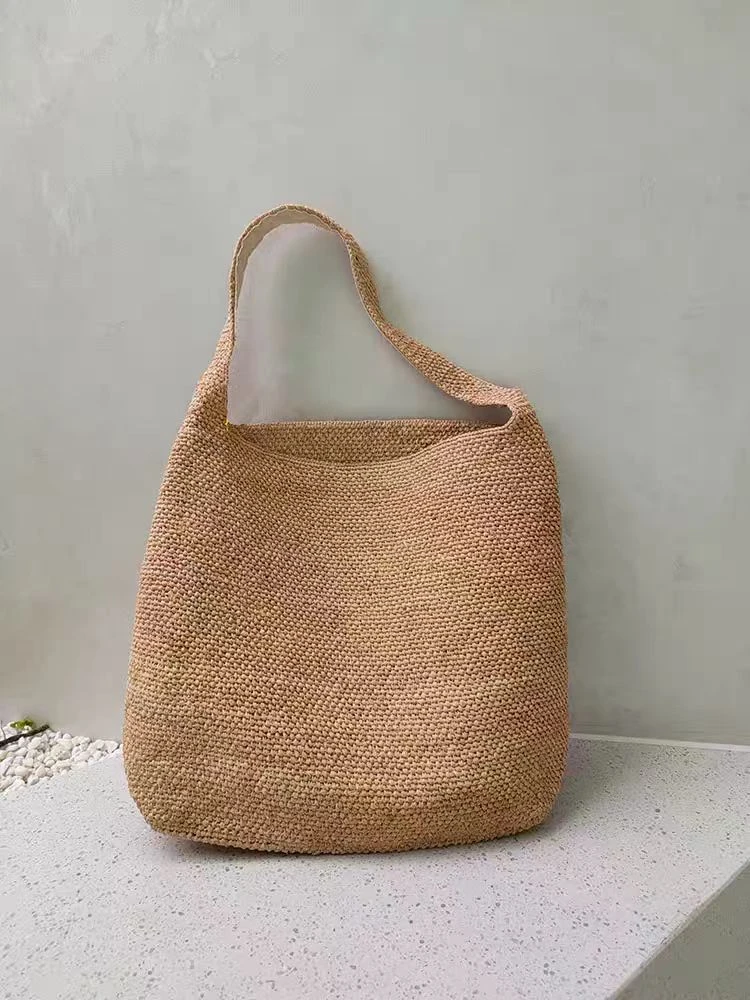 日系手工拉菲草包大容量单肩水桶包