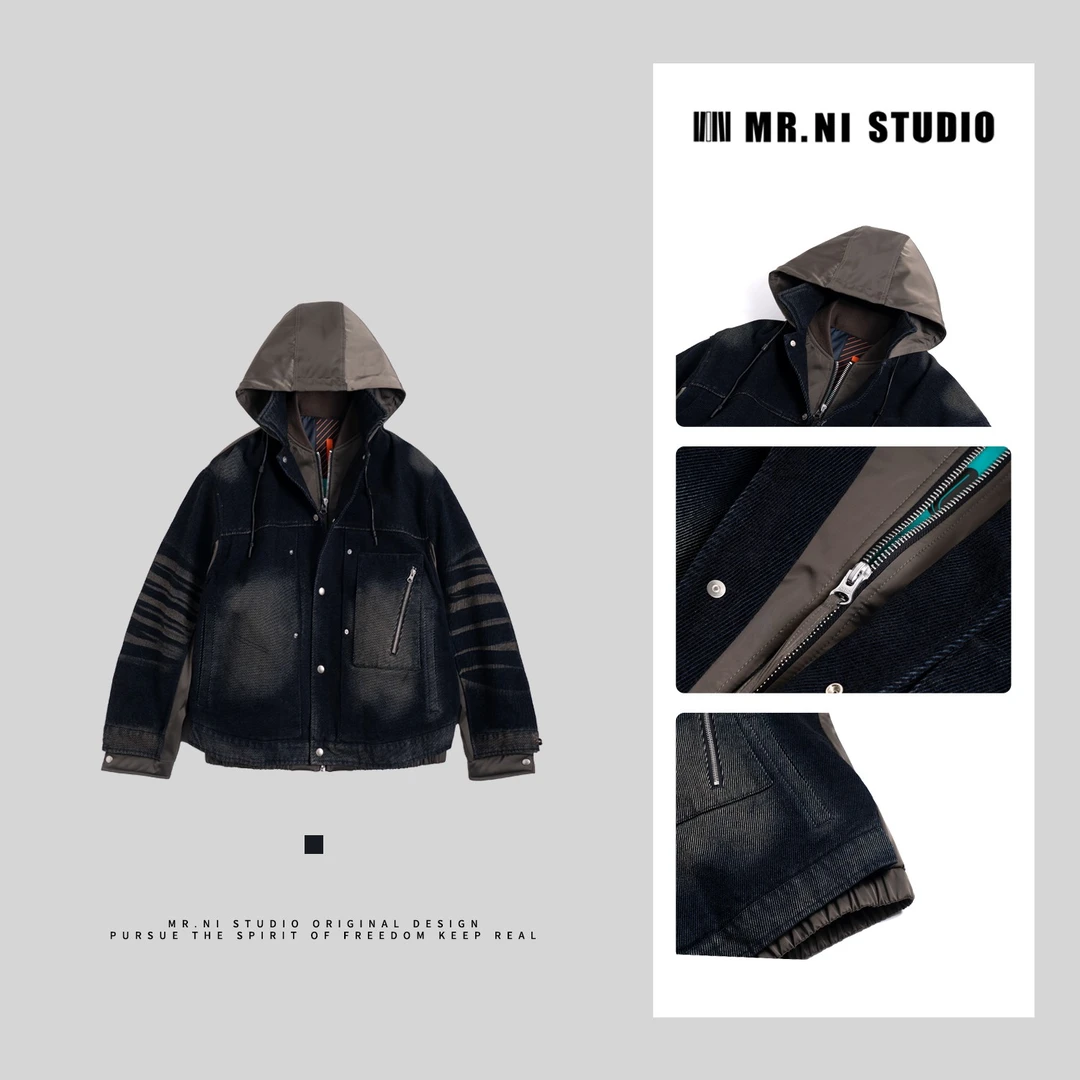 MR.NI/倪先生「行走荷尔蒙」3D虎斑纹牛仔拼接假两件连帽派克羽绒服