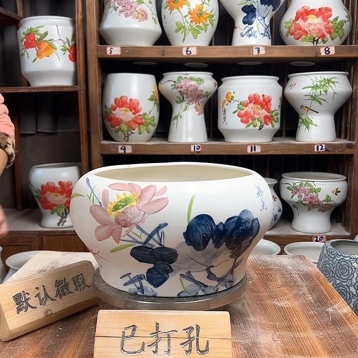 摆件口25青花荷花陶瓷陶瓷新款陶瓷