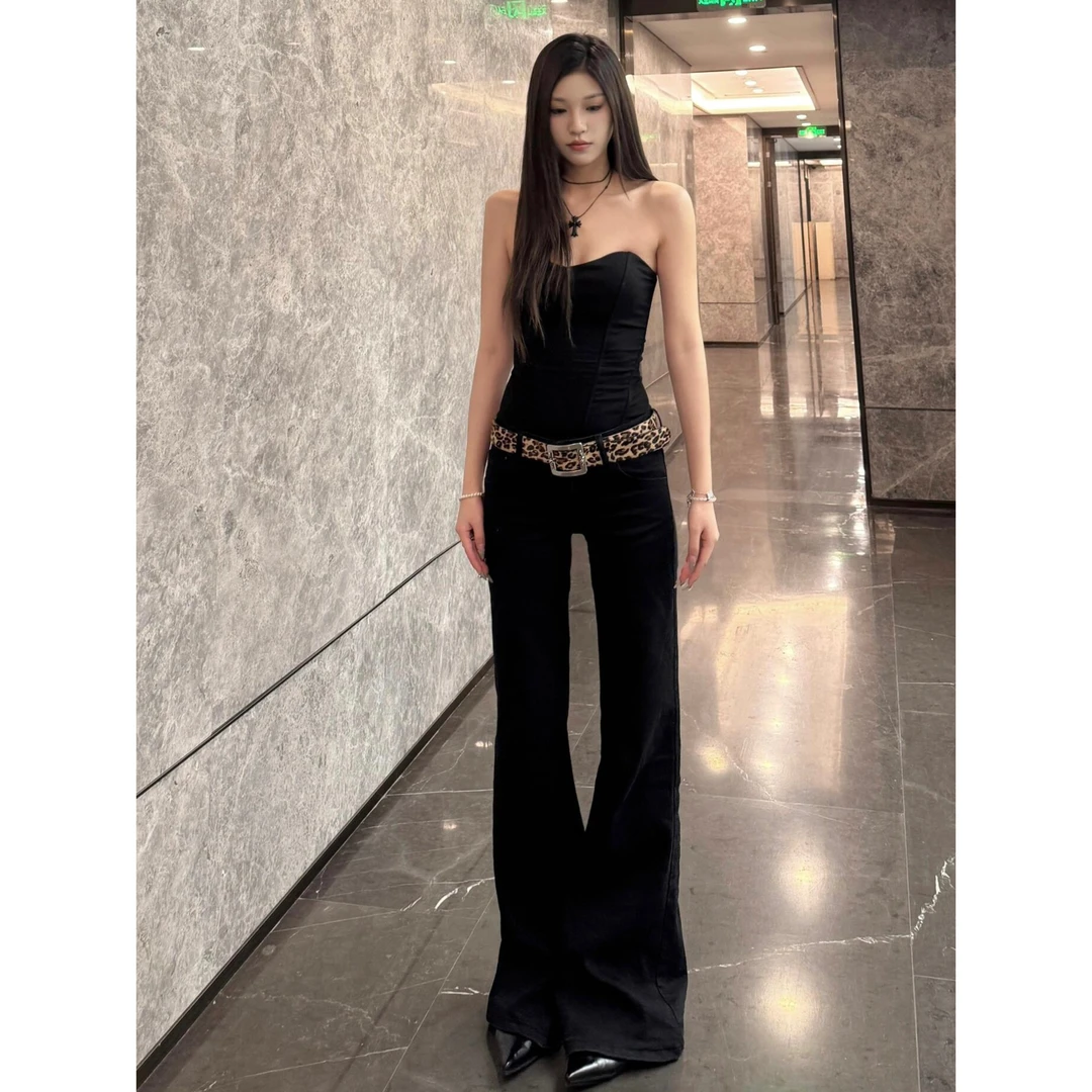 裤长114cm高个子加长低腰黑色微喇叭牛仔裤女美式辣妹显瘦拖地裤