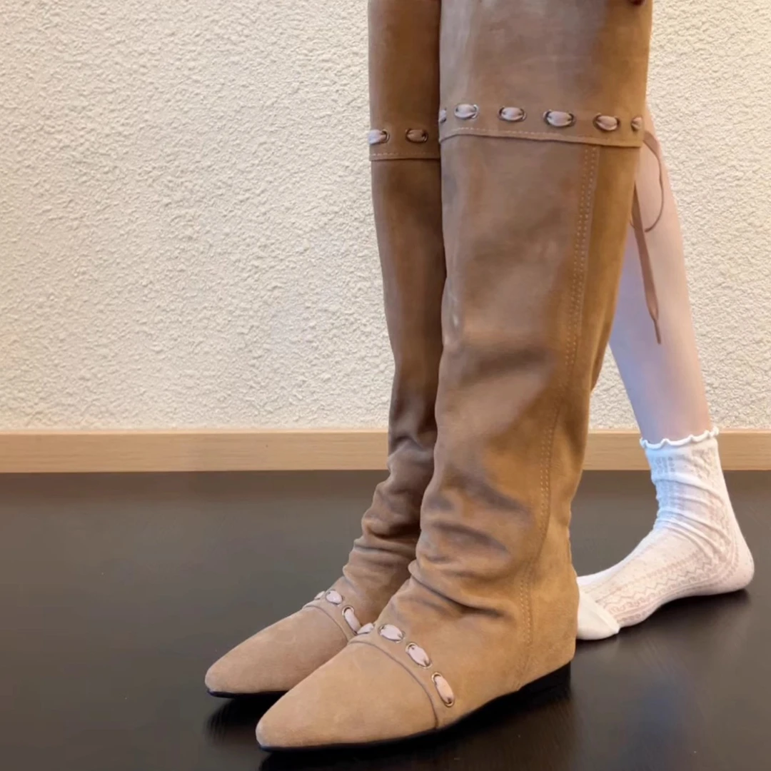 Pokoy-4cm褶皱高筒靴女显瘦女款不过膝长筒靴长靴复古