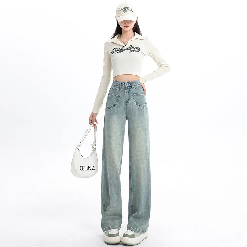 【现货】弹力窄版阔腿牛仔裤女2025夏季薄款显高显瘦百搭直筒牛仔裤