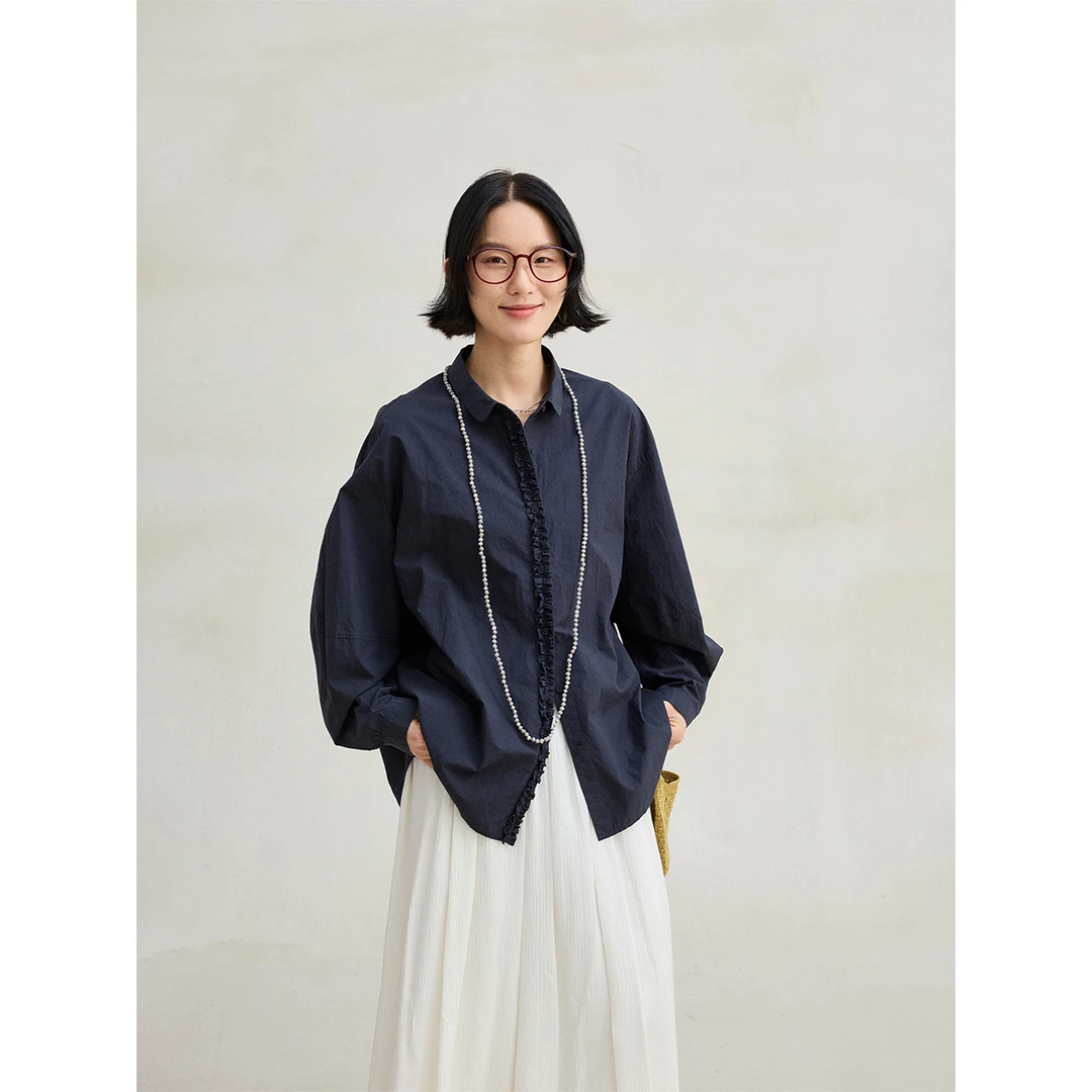 麻霖全棉木耳边立体造型门襟翻圆领造型袖撞色绣花长袖衬衫