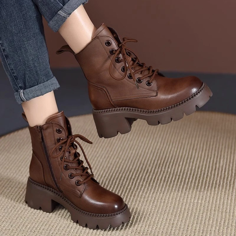 厚底马丁靴女英伦风2023秋季新款松糕厚底粗跟高跟系带靴机车靴女