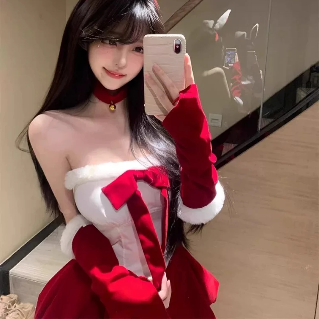 性感红色圣诞抹胸连衣裙高腰显瘦包臀秋冬新款