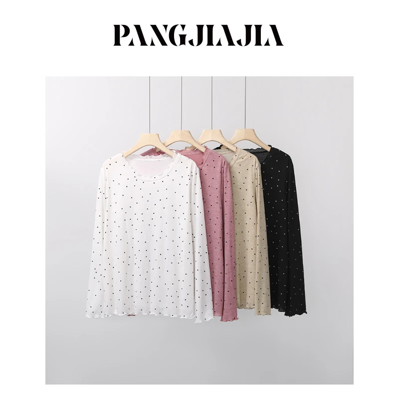 【胖佳佳】现货~糯米波点 木耳边长袖T恤秋季气质百搭H625Z16045