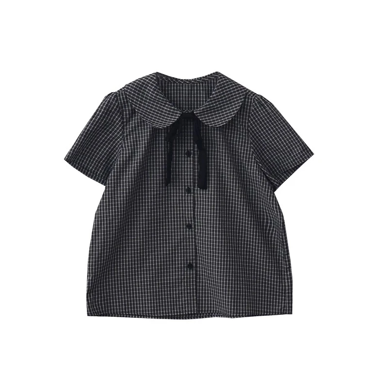 10475制新款日系复古学院风娃娃领宽松短袖蝴蝶结格子衬衫上衣女