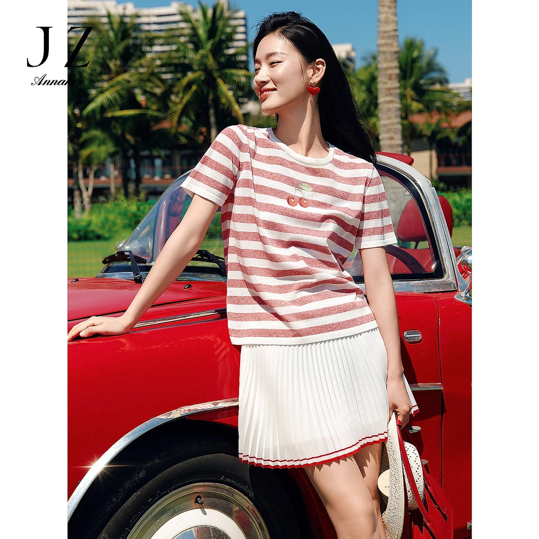 【羊羊专属】【蜜意生活】玖姿安娜蔻KWFX31202雪花麻条纹短袖针织衫