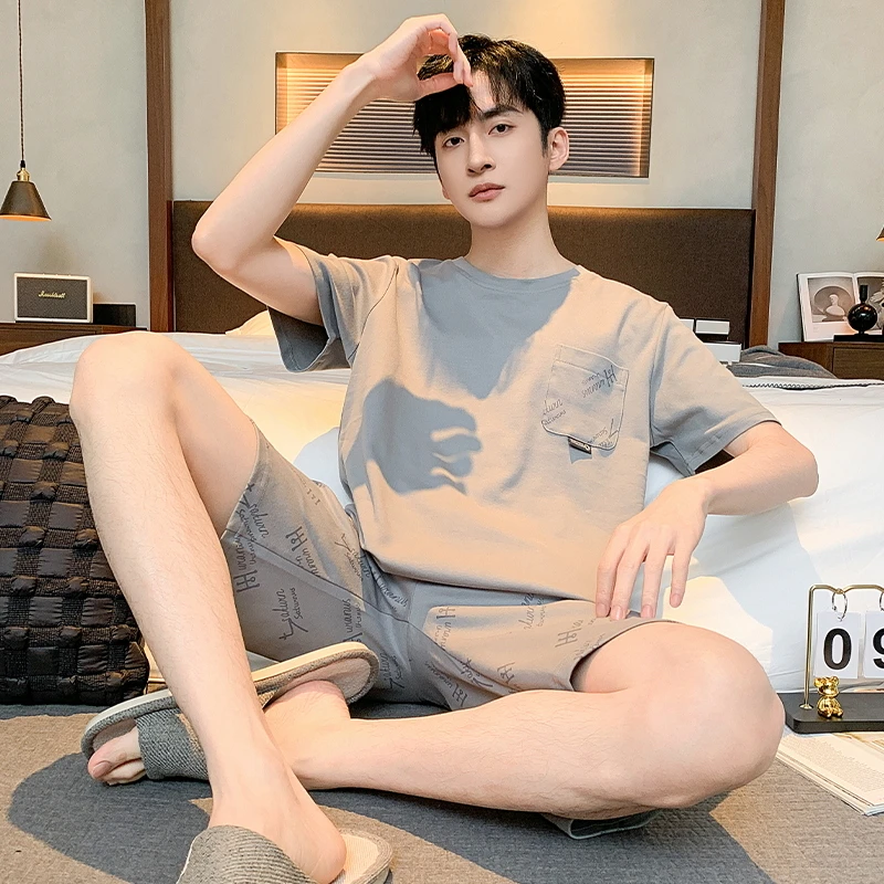 睡衣男士夏季新款短袖短裤两件套纯棉休闲简约套装家居服T-52103