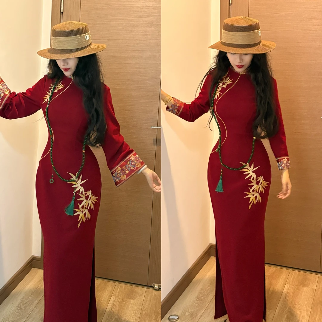 LHMknk1画报夫人原创自制中式弹力西装刺绣显瘦黑金旗袍 金边红竹